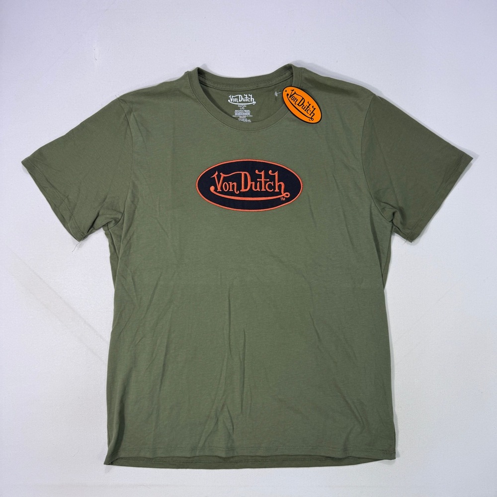 Von Dutch Mens Large Olive Green Patch T-Shirt NWT Y2K Streetwear Logo Tee
